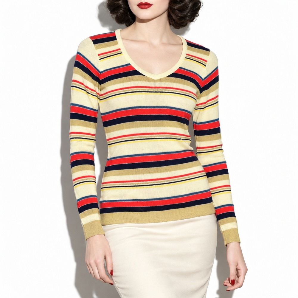 Vintage 1970s College Town Striped Scoop Neck Sweater Womens S Cream Red Navy